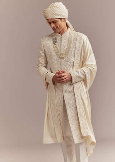 Cream Silk Sherwani For Groom With Floral And Vine Embroidery