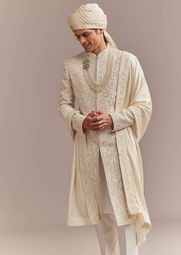 Cream Silk Sherwani For Groom With Floral And Vine Embroidery