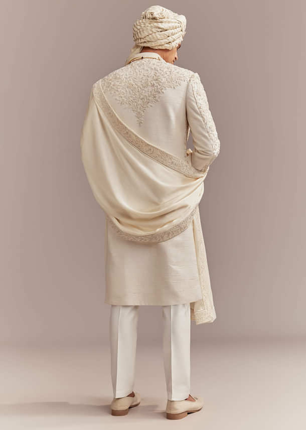 Cream Silk Sherwani For Groom With Floral And Vine Embroidery
