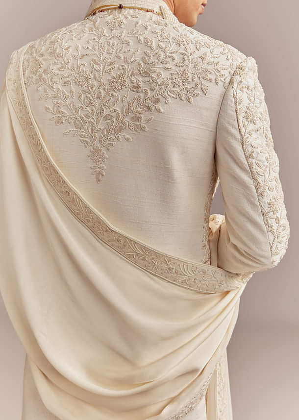 Cream Silk Sherwani For Groom With Floral And Vine Embroidery