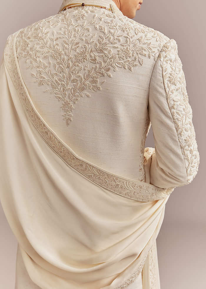 Cream Silk Sherwani For Groom With Floral And Vine Embroidery