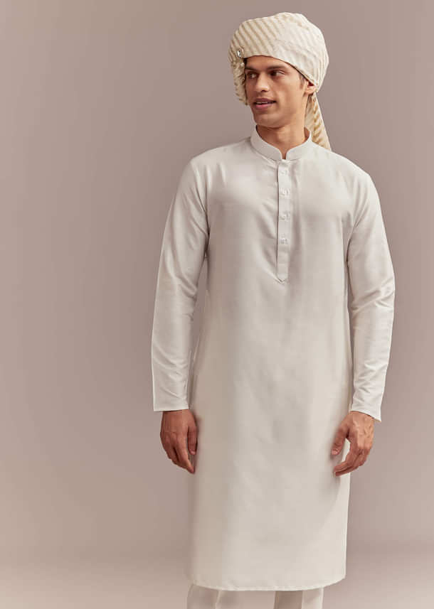 Cream Silk Sherwani For Groom With Floral And Vine Embroidery