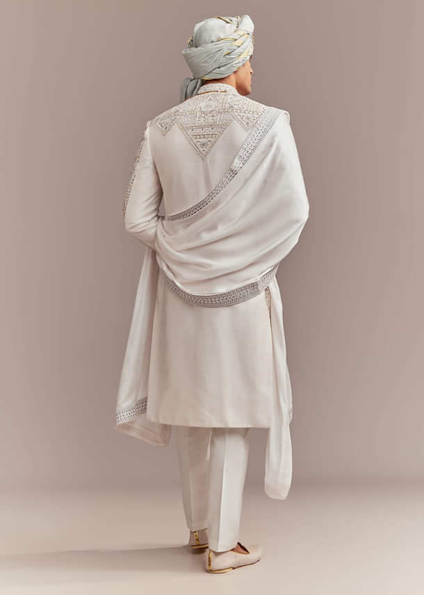 Cream Silk Sherwani For Groom With Handcrafted Embroidery