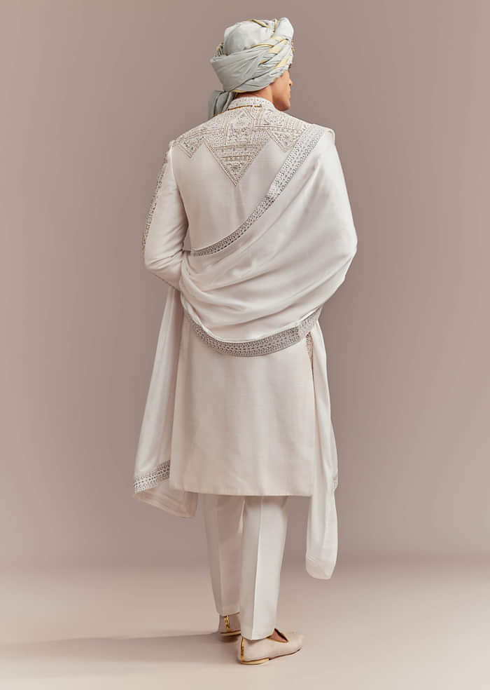 Cream Silk Sherwani For Groom With Handcrafted Embroidery