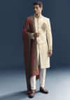 Cream Silk Sherwani For Groom With Intricate Hand Embroidery
