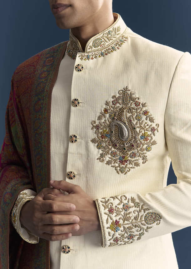 Cream Silk Sherwani For Groom With Intricate Hand Embroidery