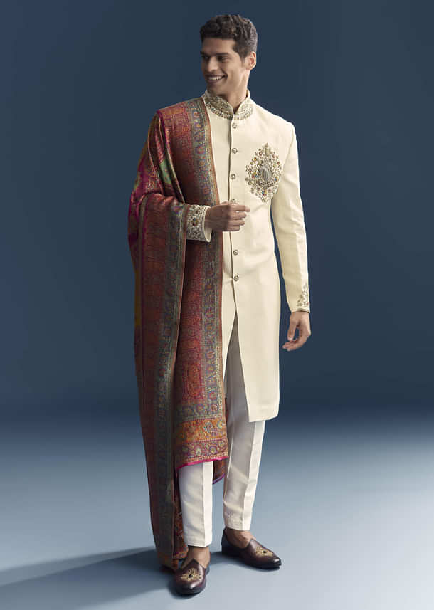 Cream Silk Sherwani For Groom With Intricate Hand Embroidery