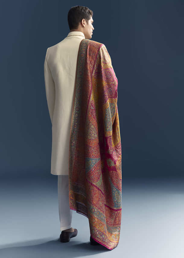 Cream Silk Sherwani For Groom With Intricate Hand Embroidery