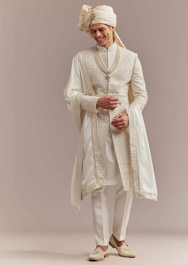 Cream Silk Sherwani For Groom With Mughal Inspired Motifs