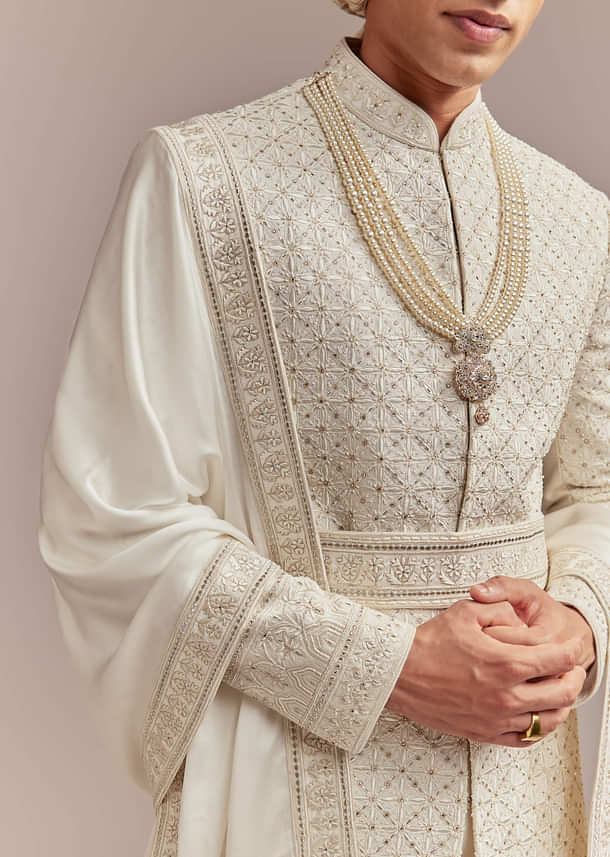Cream Silk Sherwani For Groom With Mughal Inspired Motifs