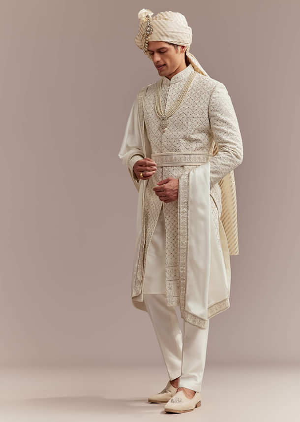 Cream Silk Sherwani For Groom With Mughal Inspired Motifs