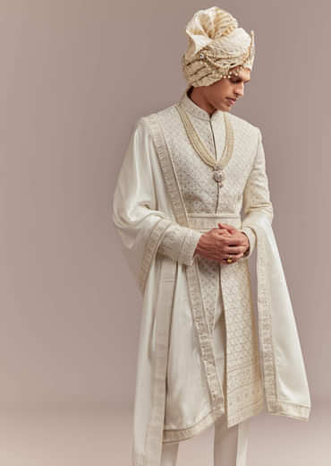 Cream Silk Sherwani For Groom With Mughal Inspired Motifs