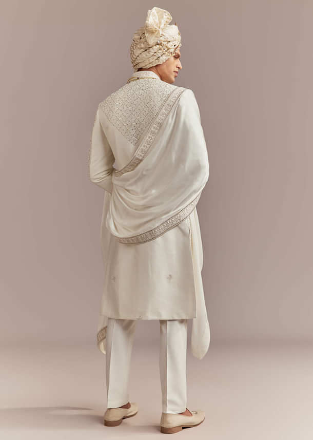 Cream Silk Sherwani For Groom With Mughal Inspired Motifs