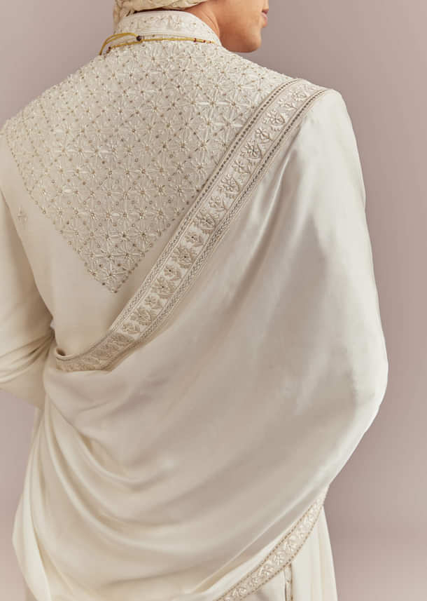 Cream Silk Sherwani For Groom With Mughal Inspired Motifs