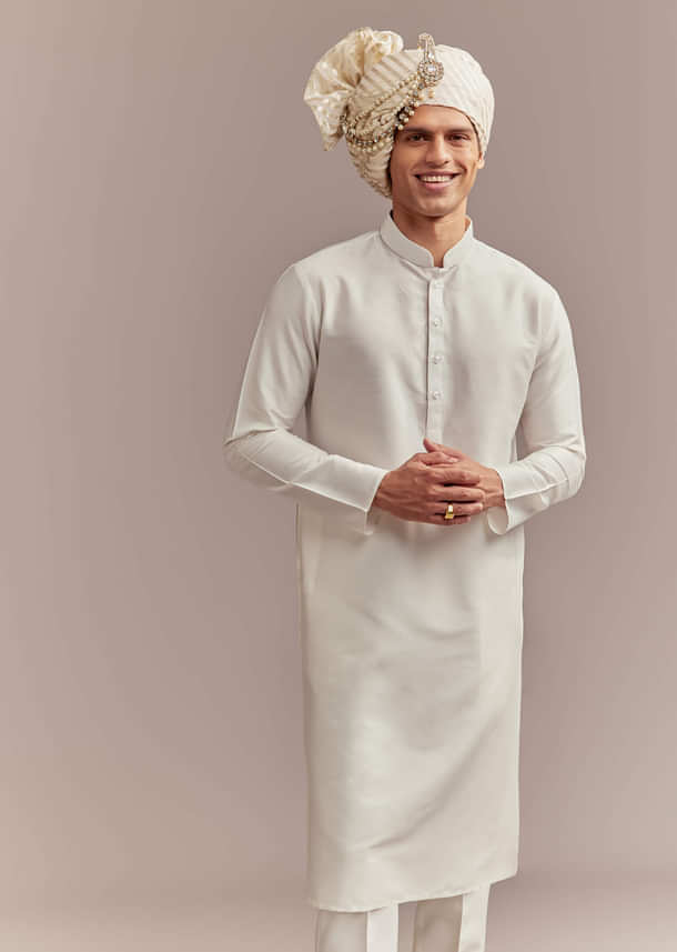 Cream Silk Sherwani For Groom With Mughal Inspired Motifs