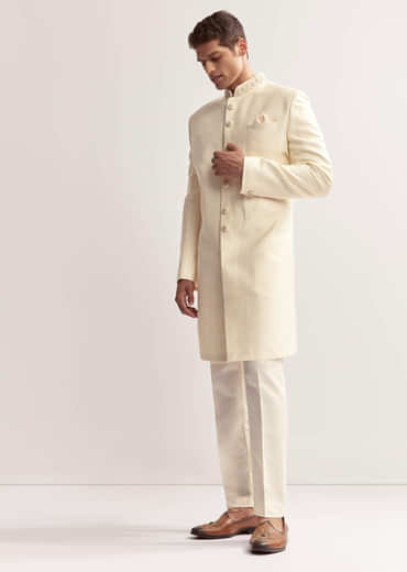 Cream Silk Sherwani For Men With Hand Embroidery