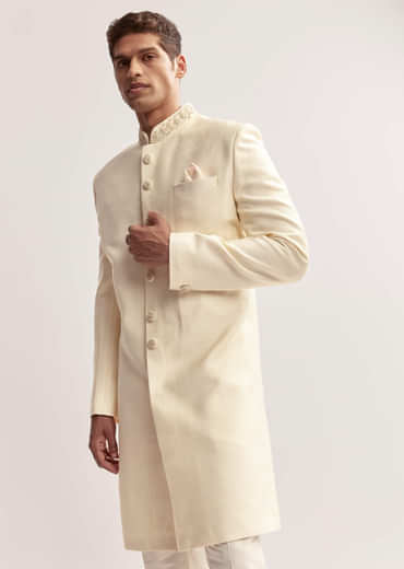 Cream Silk Sherwani For Men With Hand Embroidery