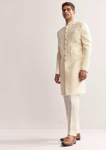 Cream Silk Sherwani For Men With Hand Embroidery