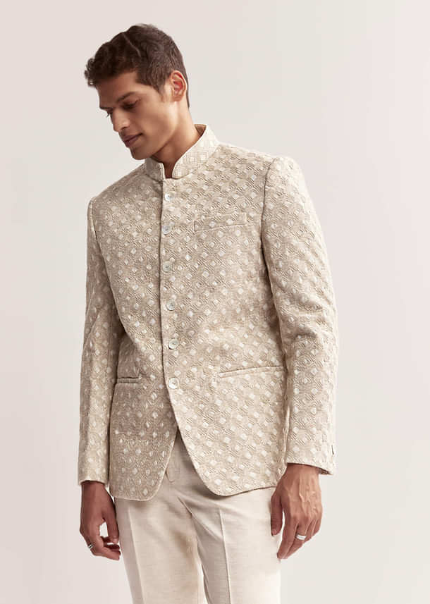 Cream Textured Linen Jodhpuri Set For Men Cream Textured Linen Jodhpuri Set For Men