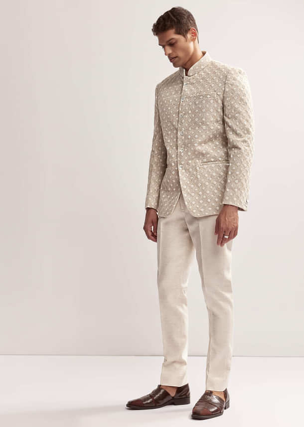 Cream Textured Linen Jodhpuri Set For Men Cream Textured Linen Jodhpuri Set For Men