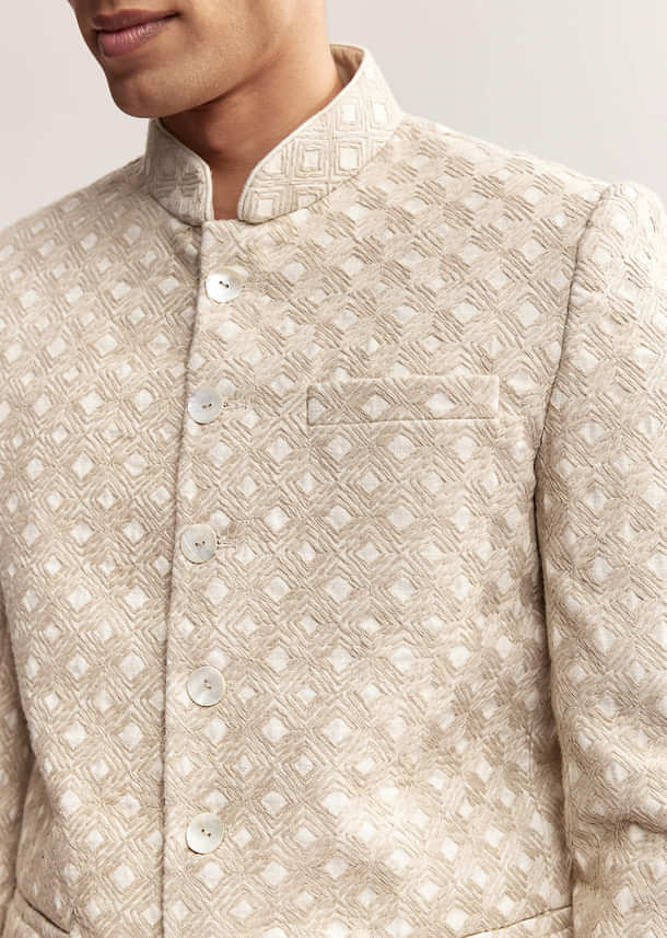 Cream Textured Linen Jodhpuri Set For Men Cream Textured Linen Jodhpuri Set For Men