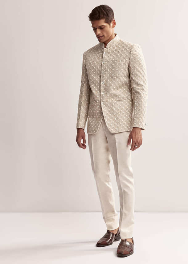 Cream Textured Linen Jodhpuri Set For Men Cream Textured Linen Jodhpuri Set For Men