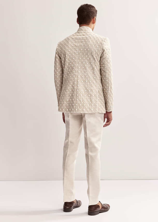 Cream Textured Linen Jodhpuri Set For Men Cream Textured Linen Jodhpuri Set For Men