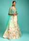 Cream Tie Dye Printed Skirt And Aqua Blue Crop Top Set With Mirror Abla Embroidery And Net Cape Jacket