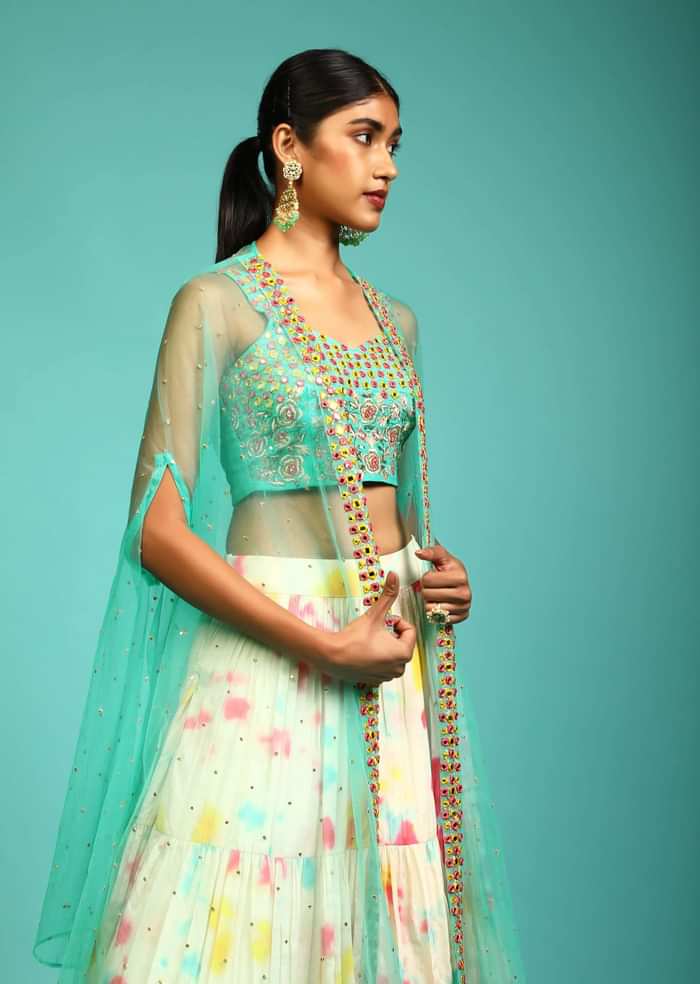 Cream Tie Dye Printed Skirt And Aqua Blue Crop Top Set With Mirror Abla Embroidery And Net Cape Jacket