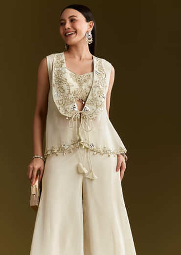 Cream Tissue Croptop Set With Zardosi Moti Jacket And Embroidered Palazzo