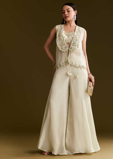 Cream Tissue Croptop Set With Zardosi Moti Jacket And Embroidered Palazzo