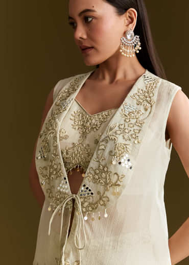 Cream Tissue Croptop Set With Zardosi Moti Jacket And Embroidered Palazzo