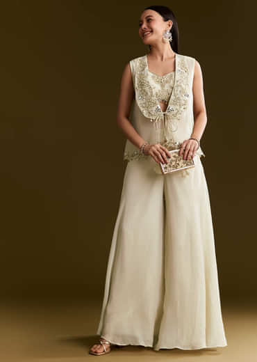 Cream Tissue Croptop Set With Zardosi Moti Jacket And Embroidered Palazzo