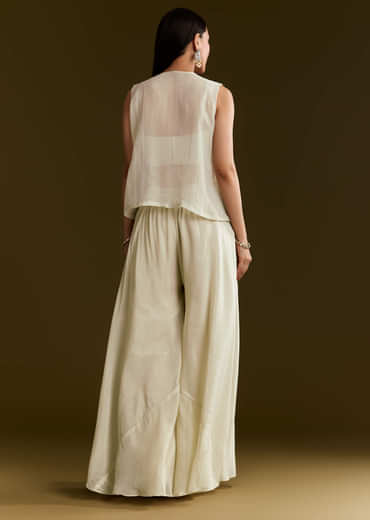 Cream Tissue Croptop Set With Zardosi Moti Jacket And Embroidered Palazzo