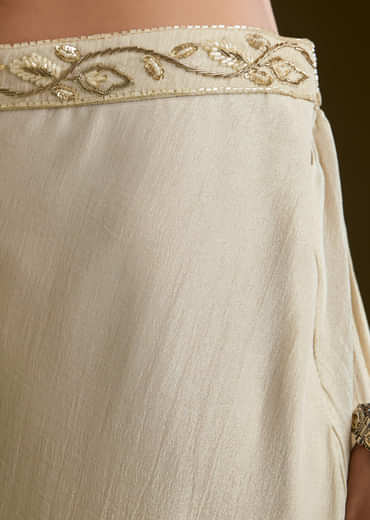 Cream Tissue Croptop Set With Zardosi Moti Jacket And Embroidered Palazzo