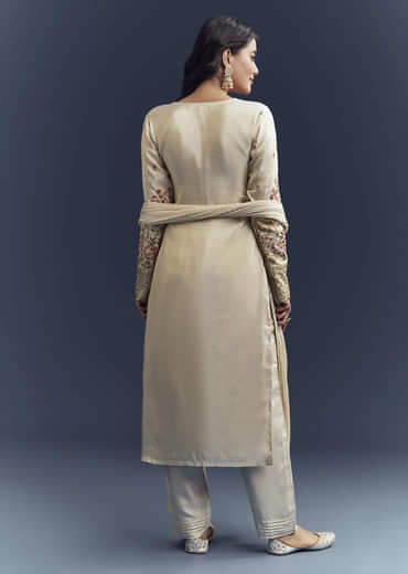 Cream Tissue Kurta Set With Resham And Zardosi Work