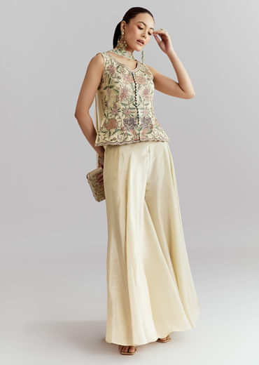 Cream Tissue Palazzo Suit With Resham And Sequins Work