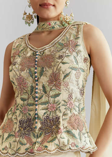 Cream Tissue Palazzo Suit With Resham And Sequins Work