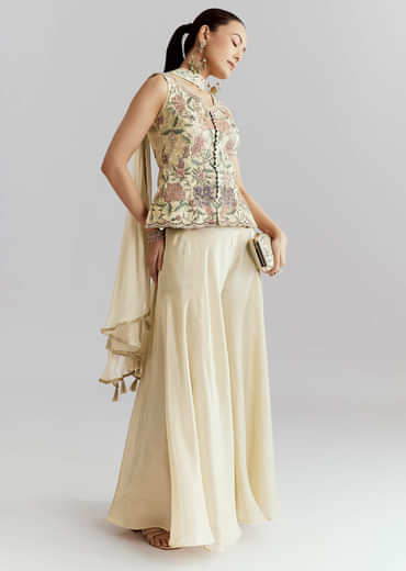 Cream Tissue Palazzo Suit With Resham And Sequins Work