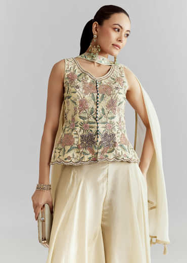 Cream Tissue Palazzo Suit With Resham And Sequins Work