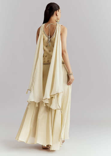 Cream Tissue Palazzo Suit With Resham And Sequins Work