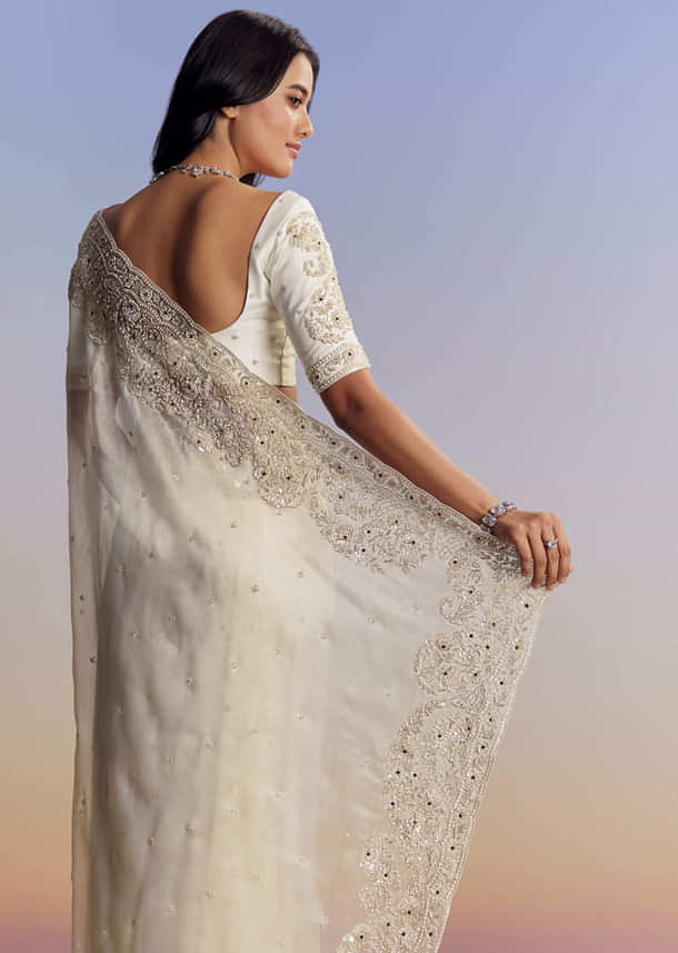 Cream Tissue Saree With Sequins Floral Embroidery