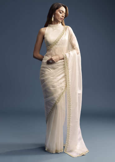 Cream Tissue Saree With Stone And Beaded Embroidery