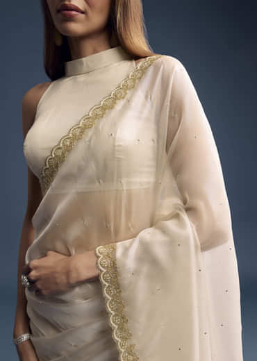 Cream Tissue Saree With Stone And Beaded Embroidery