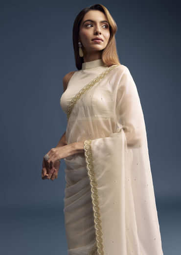 Cream Tissue Saree With Stone And Beaded Embroidery