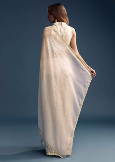 Cream Tissue Saree With Stone And Beaded Embroidery