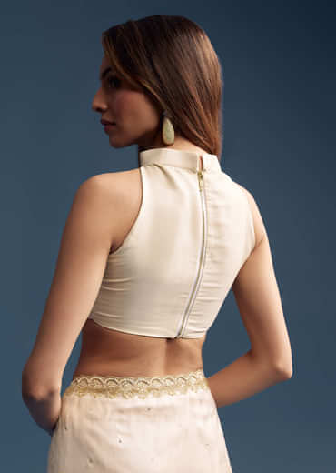 Cream Tissue Saree With Stone And Beaded Embroidery