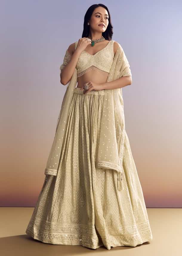 Cream White Banarasi Lehenga Set With Cut Dana Choli