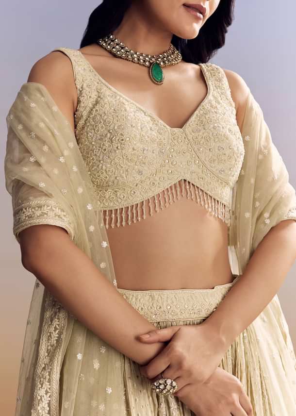 Cream White Banarasi Lehenga Set With Cut Dana Choli