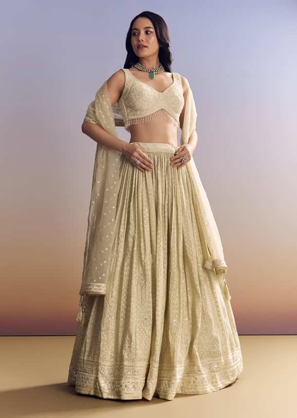 Cream White Banarasi Lehenga Set With Cut Dana Choli